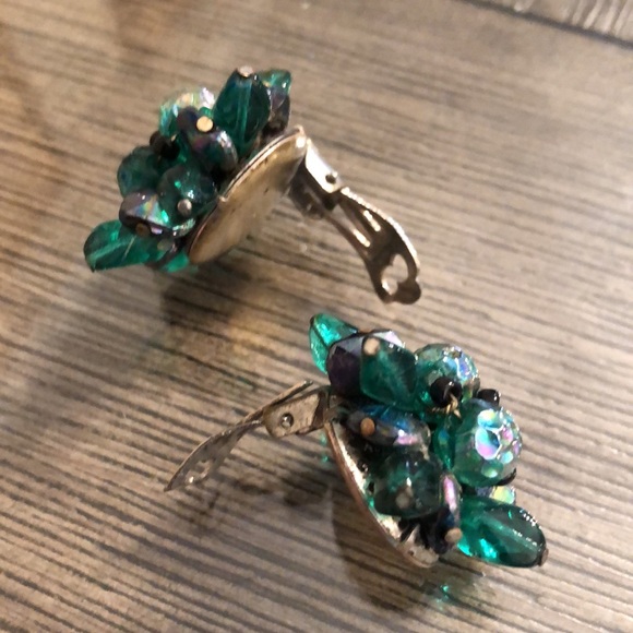 Vintage Clip Earrings Iridescent Glass Beads West Germany - Picture 10 of 12